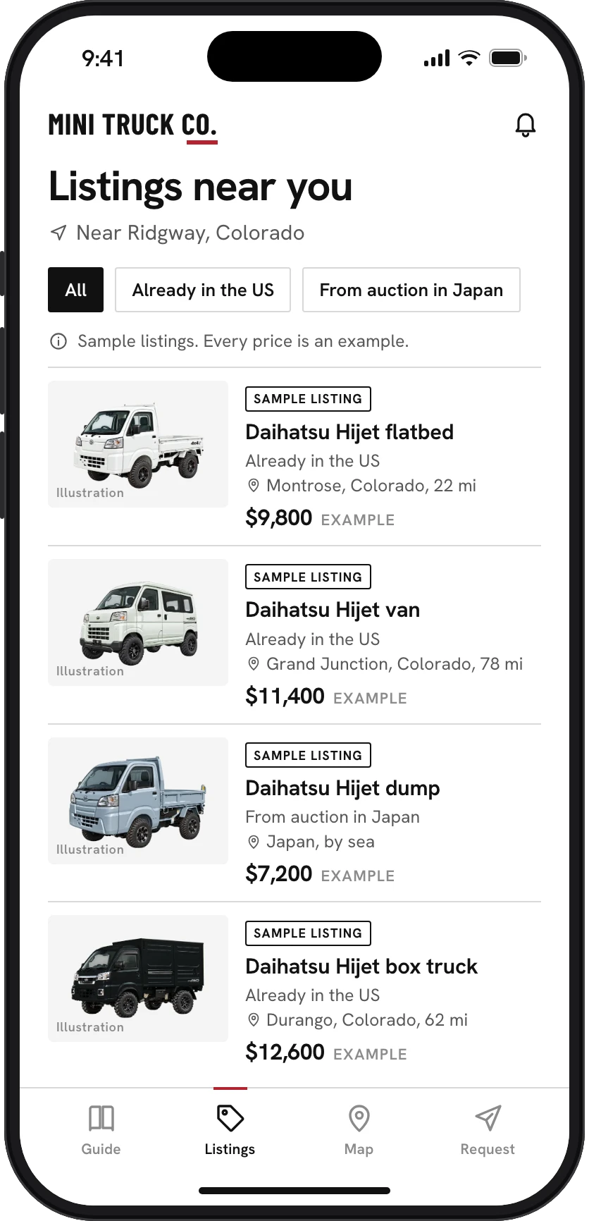 A phone showing listings near Ridgway, Colorado, each one a sample listing with an example price and an illustration of the truck