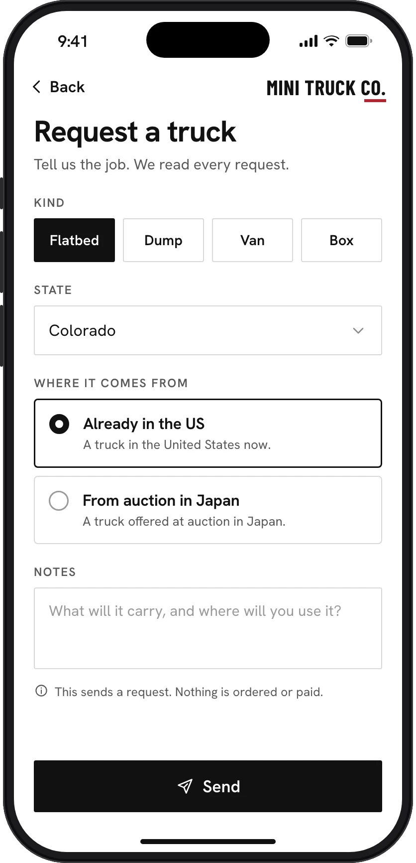 A phone showing a request for a truck, with the kind, the state, where it comes from and a note, and a line saying it orders nothing
